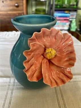 Anthropologie Teal Ceramic Vase with Cream Base